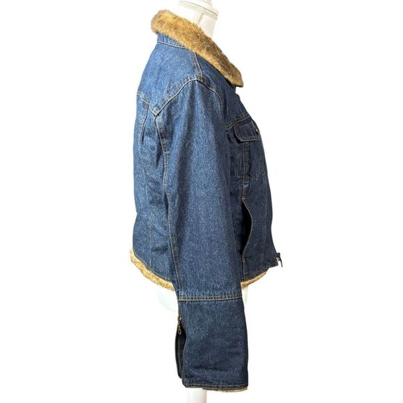 Austin Denim Jacket Size Large Blue Fur Collar Long Sleeve Zip Trucker Western - Picture 4 of 13